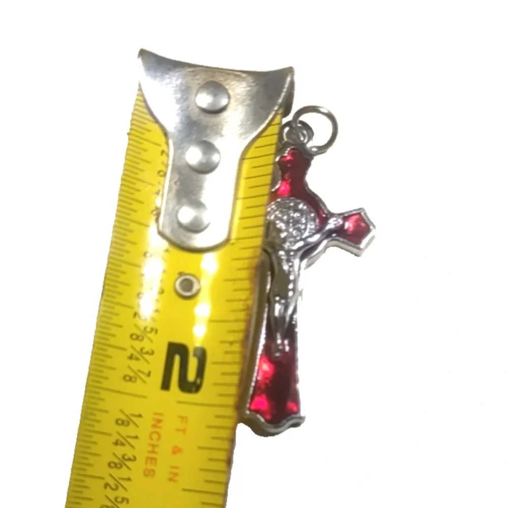 Silver Tone Red Enamel Cross Crucifixion Pendant